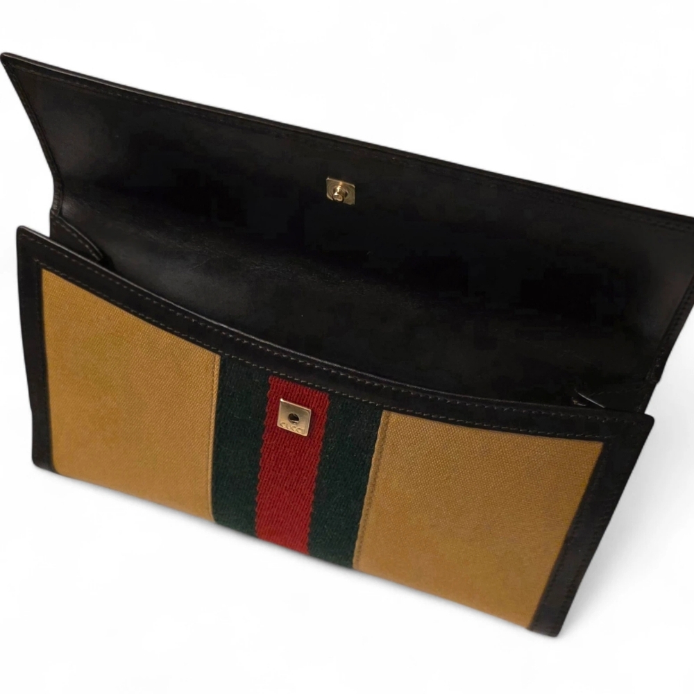 Vintage Gucci Sherry Web Beige Canvas & Brown Leather Wallet Made in Italy - Picture 6 of 11
